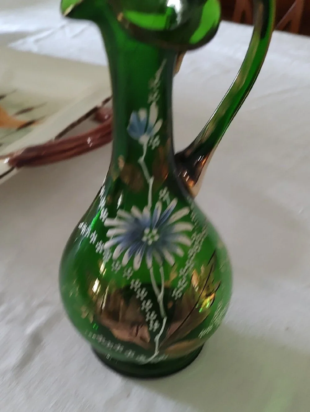 Hand-Painted Dark Green Floral Glass Pitcher Vase